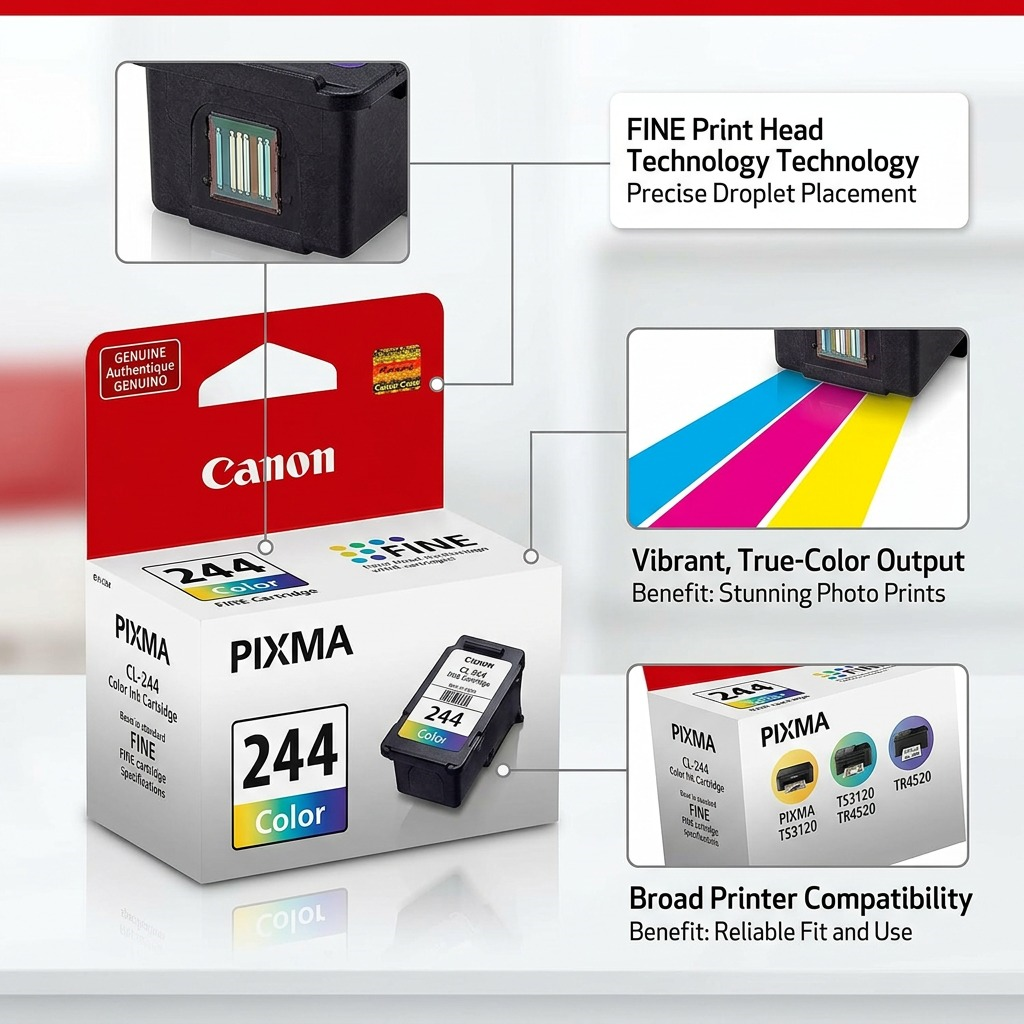 Product matrix with concise overlays pointing out key features of the Canon CL-244 Color Cartridge.