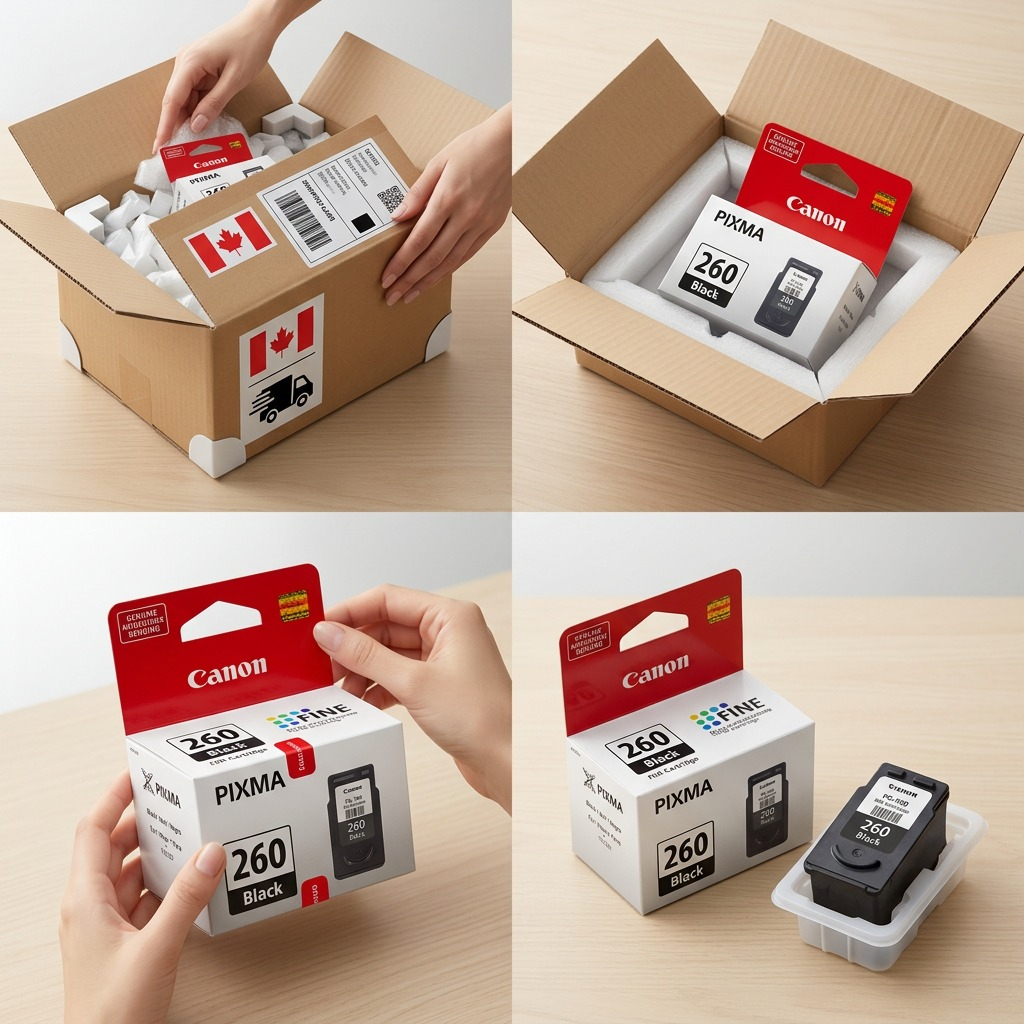Visual matrix of Canon PG-260 unboxing, showing protected shipping and open retail box.