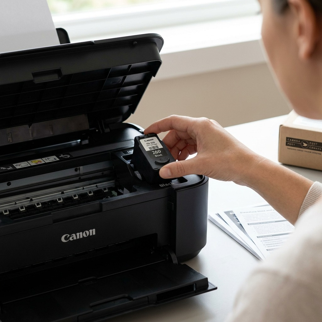 A Canon PG-260 Black Ink Cartridge being inserted into a home printer.