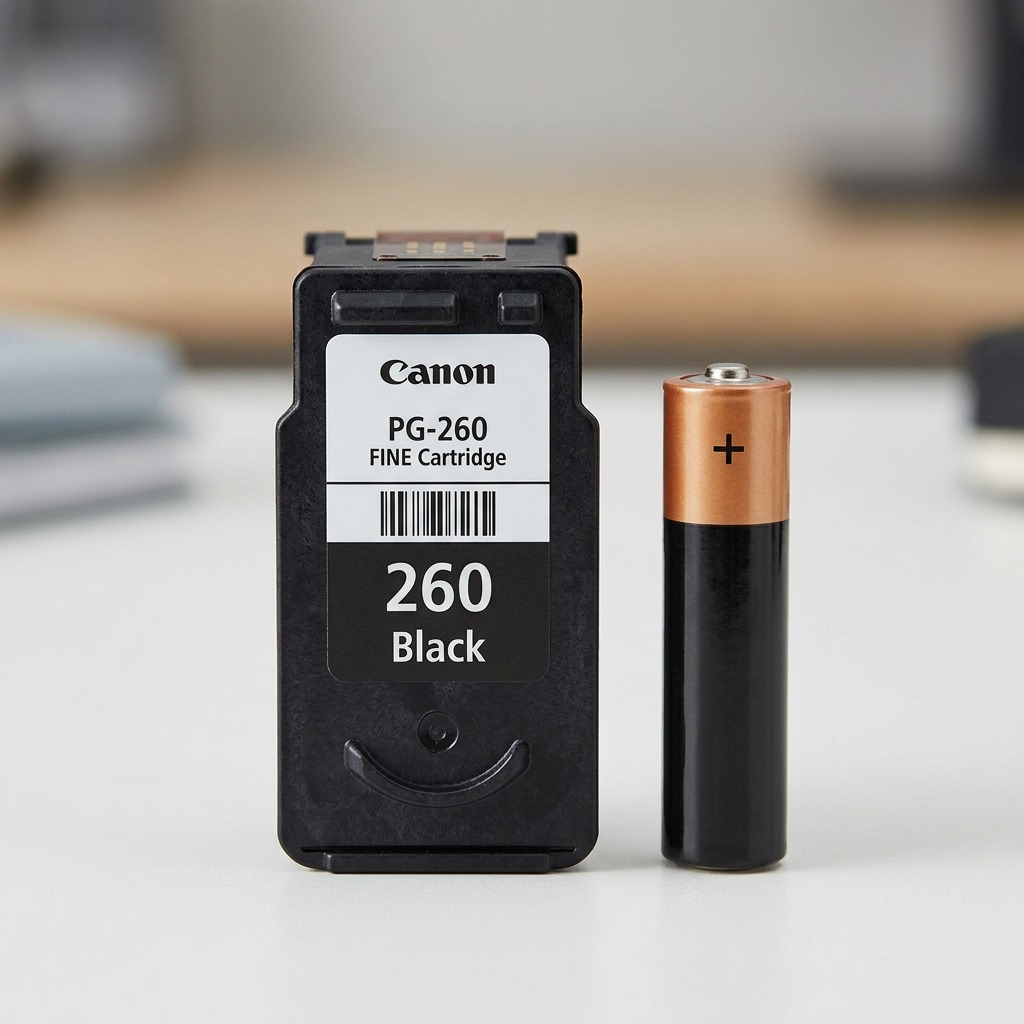 A visual scale comparison of the Canon PG-260 ink cartridge beside a standard AA battery.