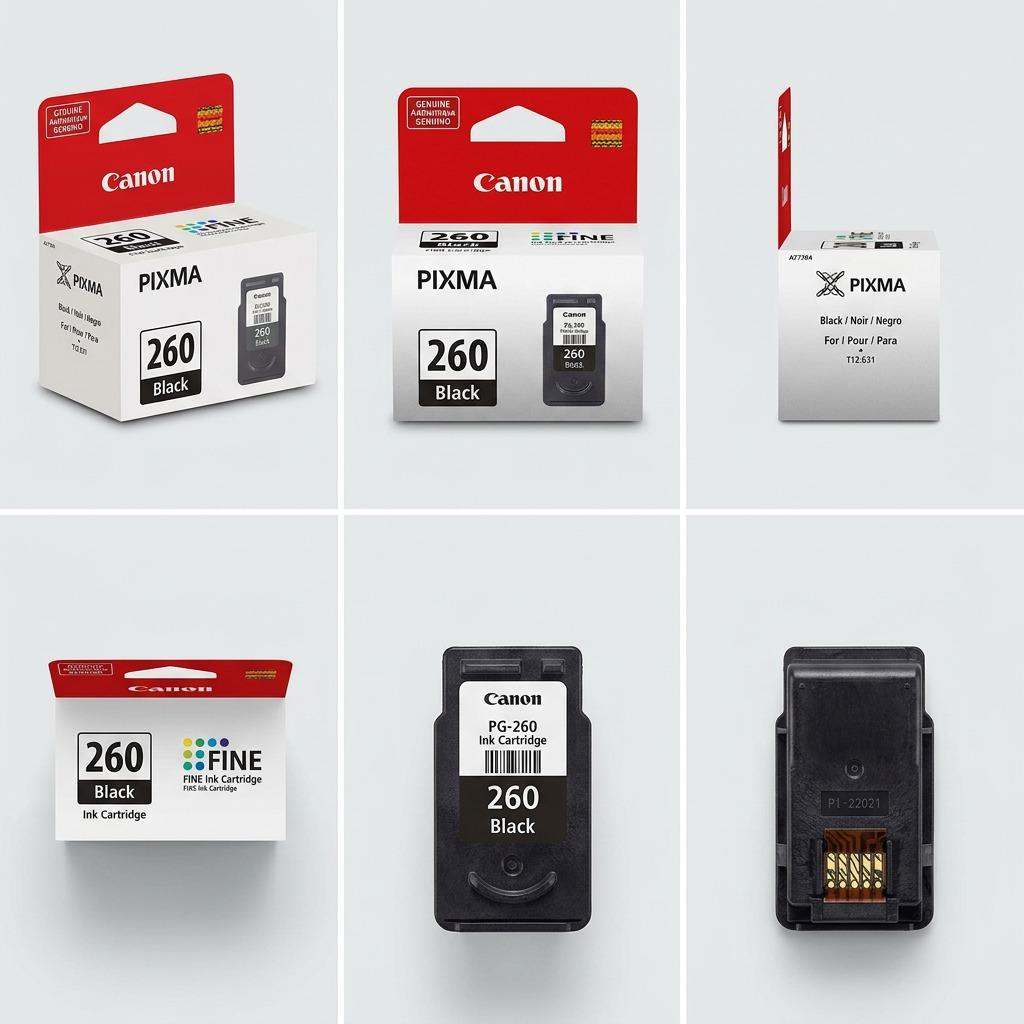 A product view matrix featuring the Canon PG-260 Black FINE Ink Cartridge from several standard angles.