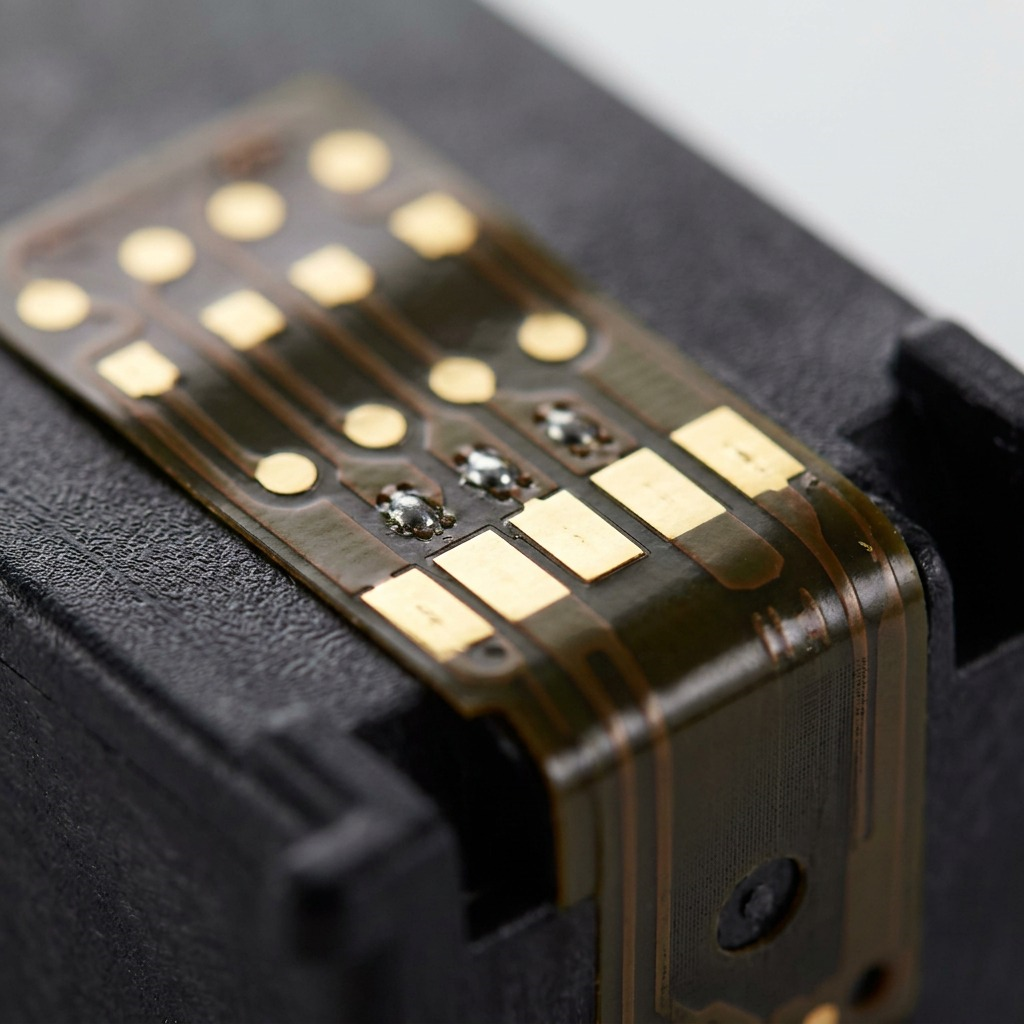 Macro view of ink cartridge gold contact points on flexible circuit, highlighting precision connections.