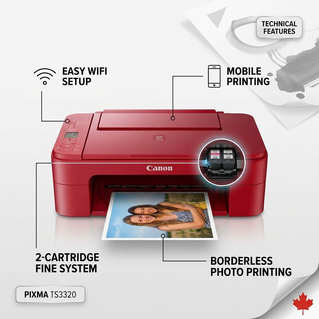 A features graphic of the red Canon PIXMA TS3320 printer detailing its technical capabilities.