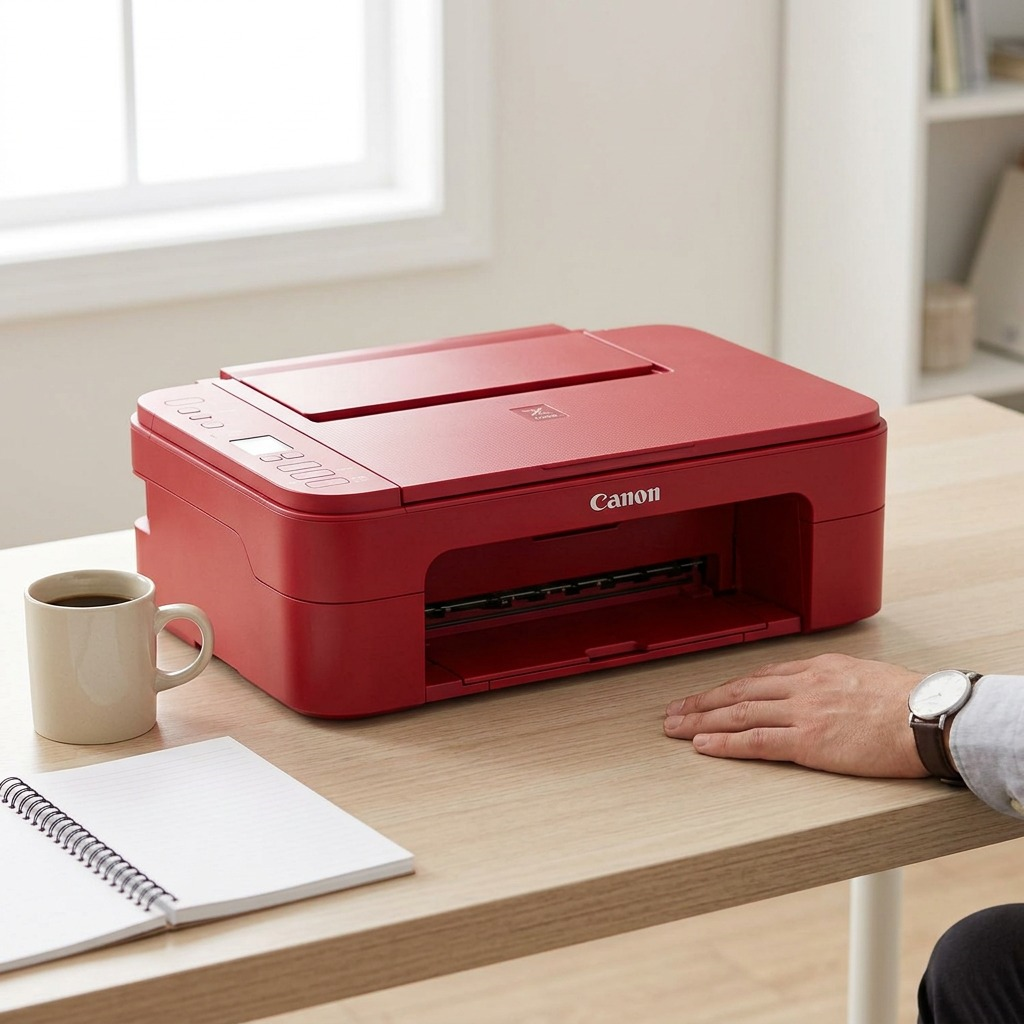 Red Canon PIXMA printer on a wooden desk next to a coffee mug and notebook for scale reference.