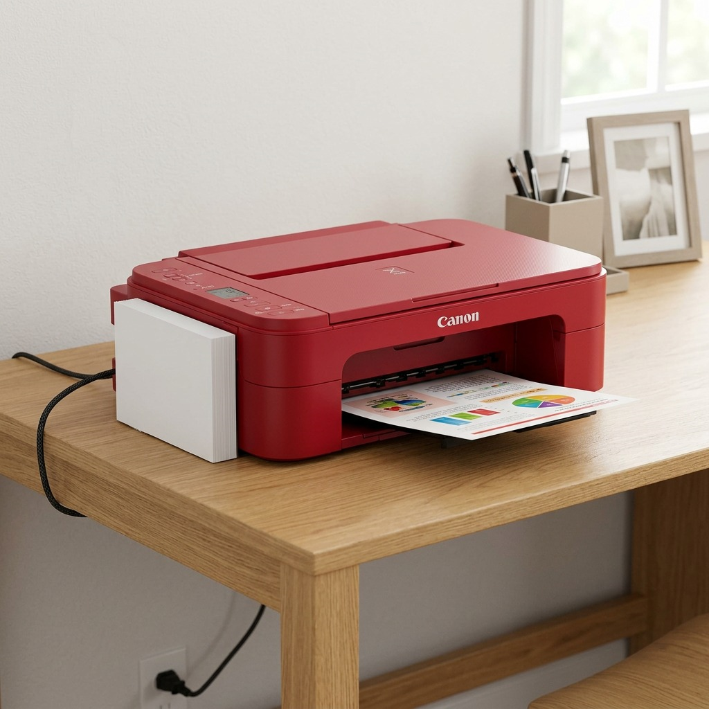 A Canon PIXMA TS3320 Red All-in-One Printer rests on a wood desk, printing a page in a bright room.