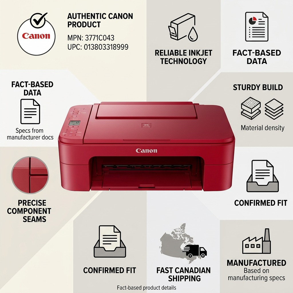 Infographic highlighting facts and shipping for the Canon PIXMA TS3320 Red printer.