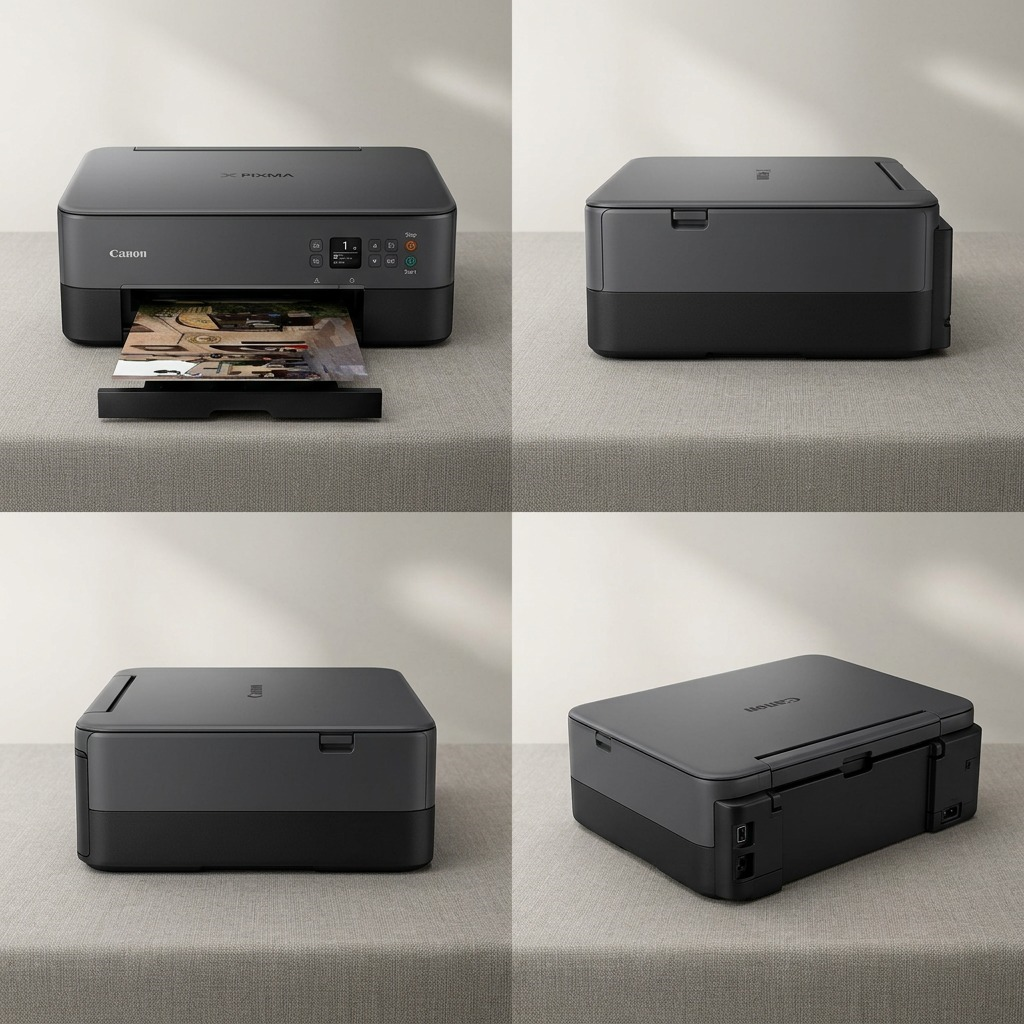 An aerial view of a four-panel grid showcasing the Canon PIXMA printer in four different orientations.