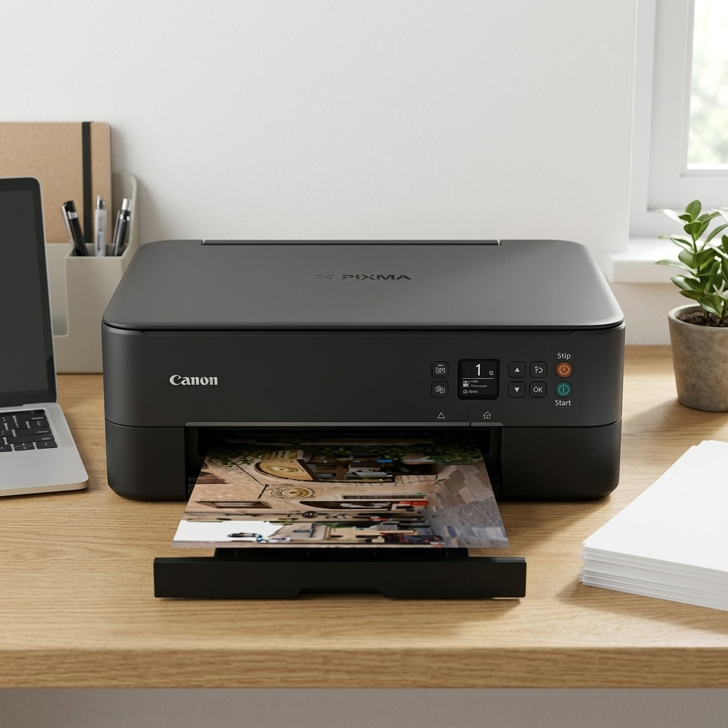 A realistic photo of the Canon PIXMA TS5320 black printer in a home office, resting on a desk with a laptop and plants, naturally lit.