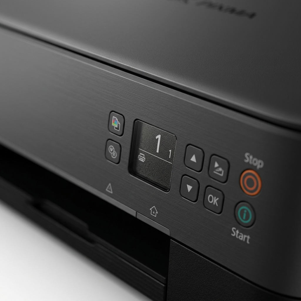 A detailed macro photograph focusing on the Canon PIXMA TS5320's texture and control panel.