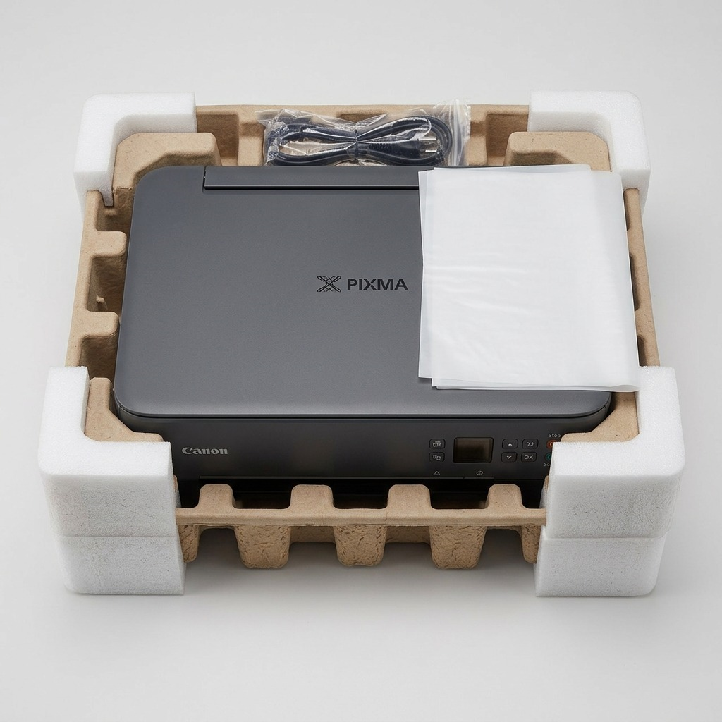Top-down view of the TS5320 black printer securely in protective foam packaging.