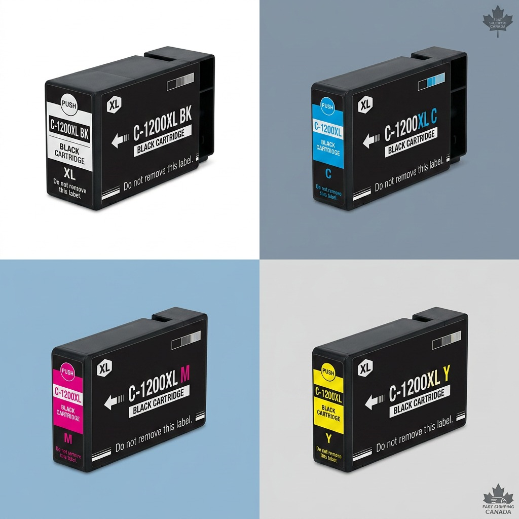 A product comparison matrix grid featuring the four Canon PGI-1200XL ink cartridges (Black, Cyan, Magenta, Yellow) in separate quadrants, showcasing their individual labels and key XL capacity, against a clean blue, white, gray, and black background.