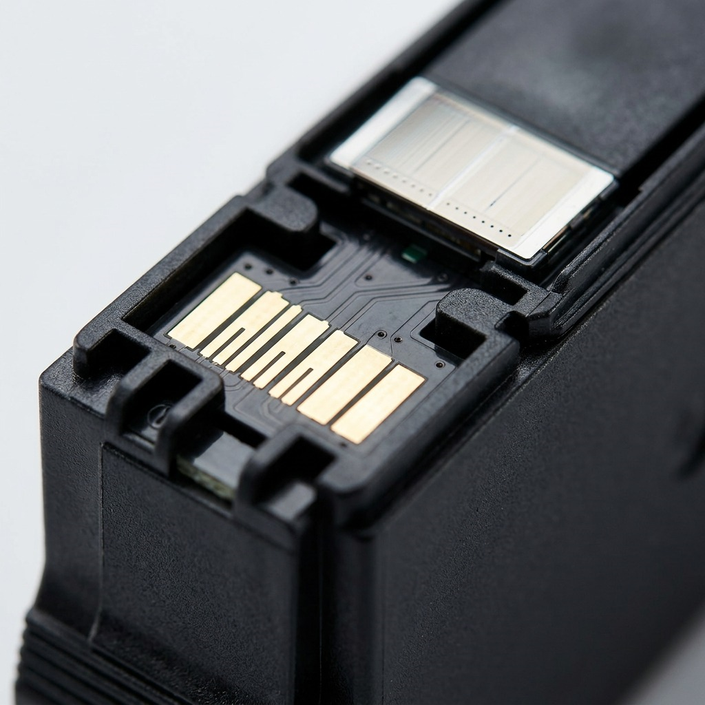 Macro inspection image of black ink cartridge, showing gold chip contacts and nozzle details
