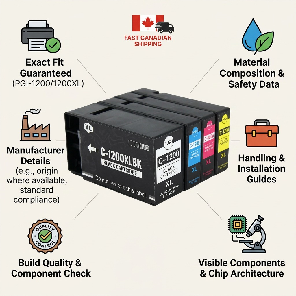 An clean matrix visualization of trust and authority for Canon PGI-1200XL/Value Pack ink tanks. Detailed product features, compatibility data, and fast Canadian shipping icons are presented around the central PGI-1200XL value pack.
