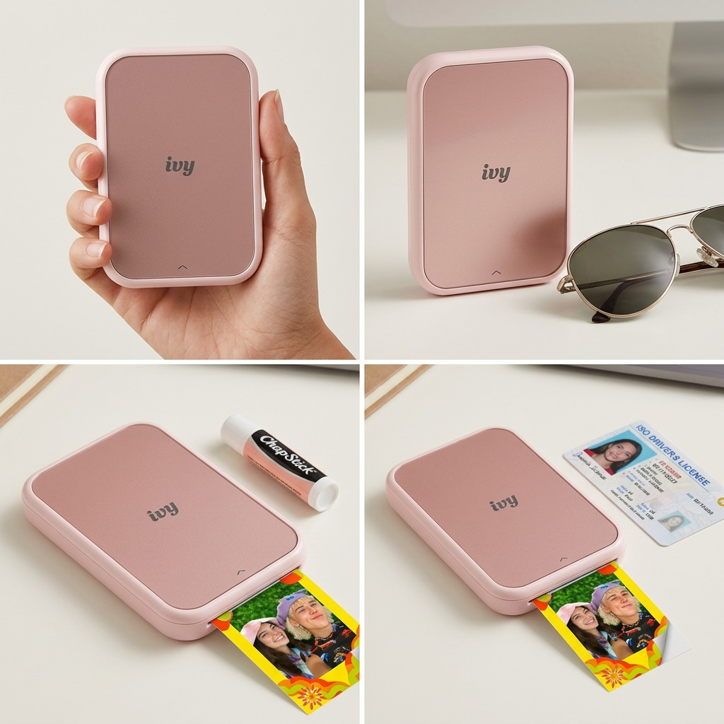 A matrix of four panels showing the Canon IVY 2 printer's compact scale. Items are next to a hand, sunglasses, lip balm, and an ID.