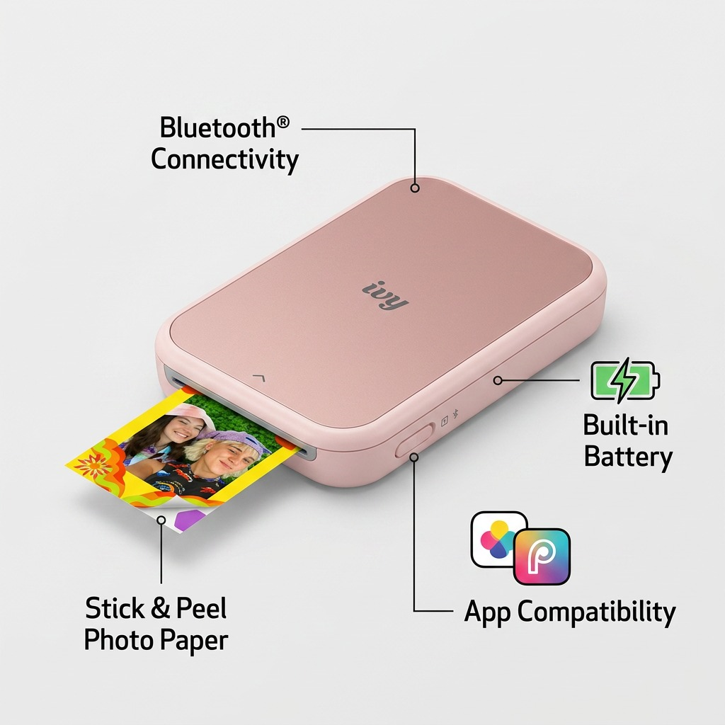 An infographic highlighting key features of the Canon IVY 2 Mini Photo Printer.