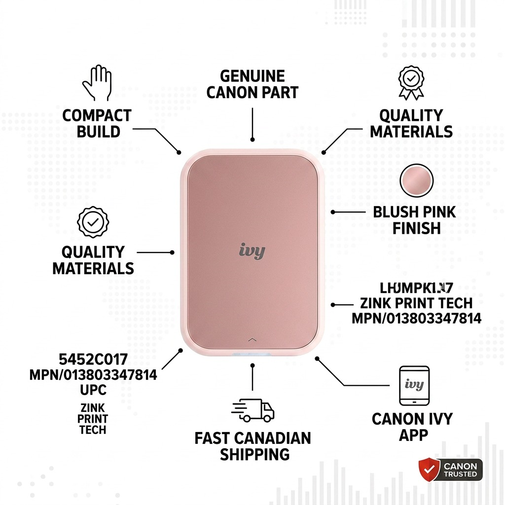 Infographic matrix for Canon IVY 2 printer, detailing genuine parts, compact build, and fast Canadian shipping.