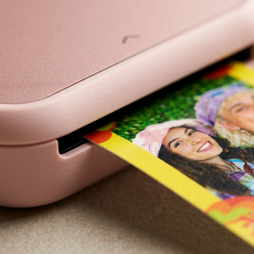 A detailed macro photo showing the blush pink texture and a clean printed mini sticker.