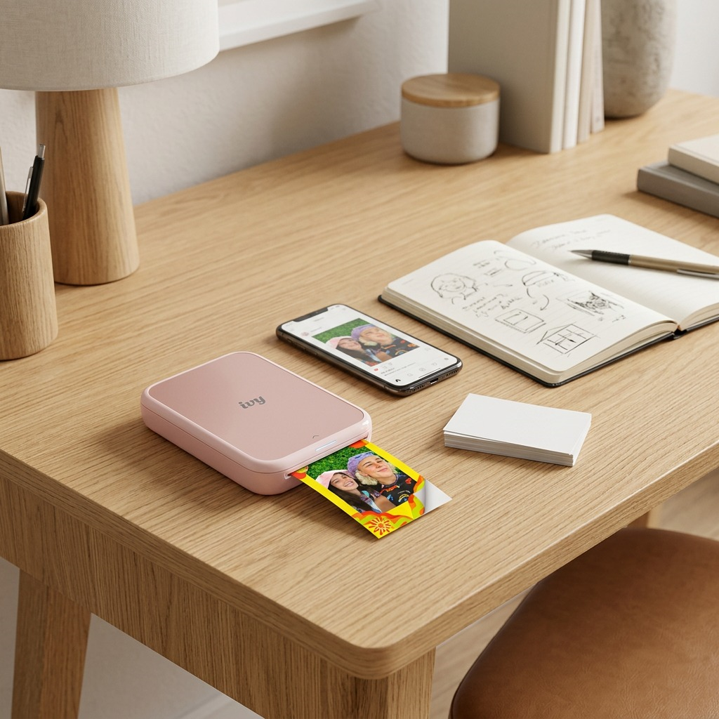 A lifestyle photo showing the IVY 2 printer and printed photo on a wood desk beside a coffee cup.