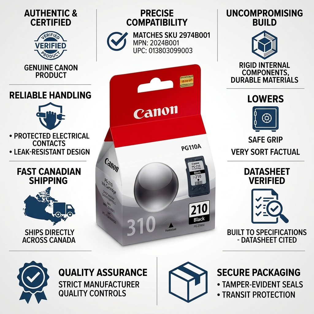 PDP visual matrix for Canon PG-210 black ink, detailing trust and build facts.