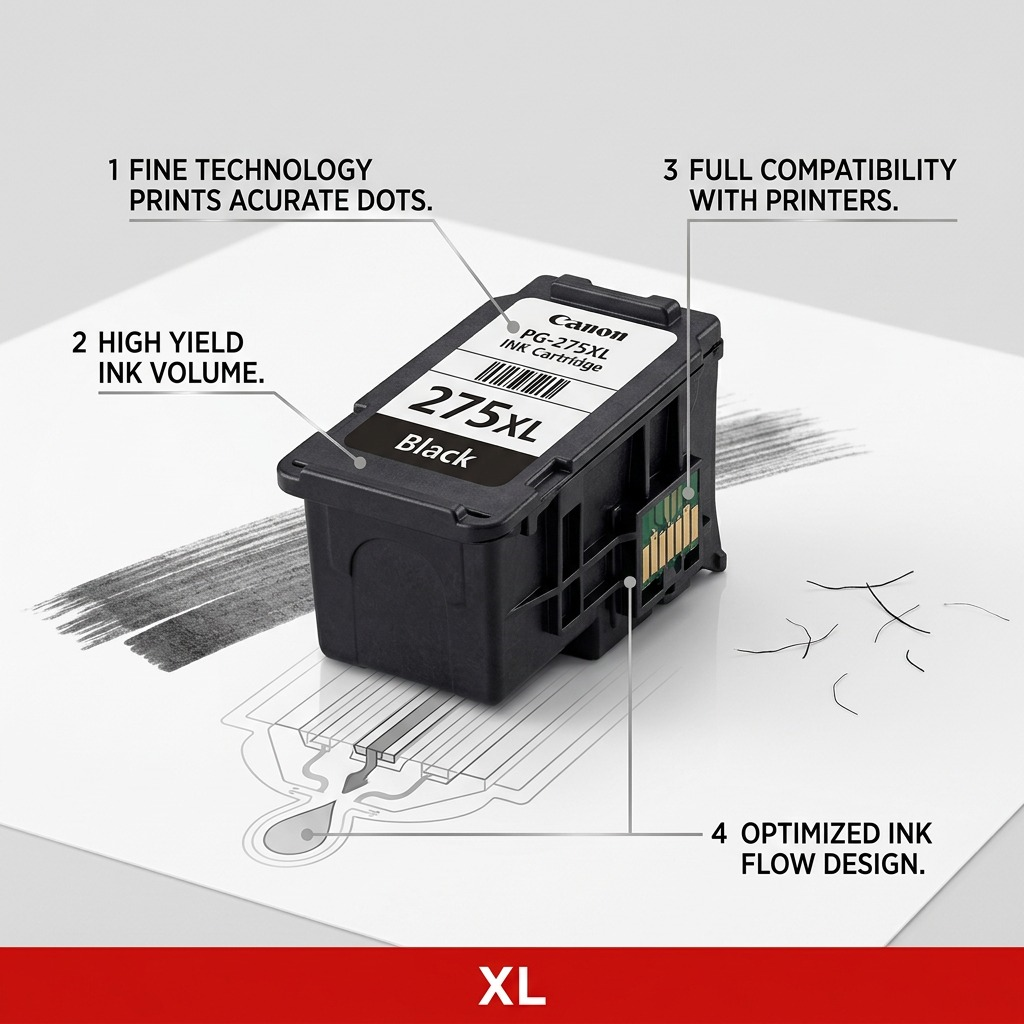Feature callout graphic shows a Canon 275XL cartridge with labels for technology, yield, compatibility, and design.