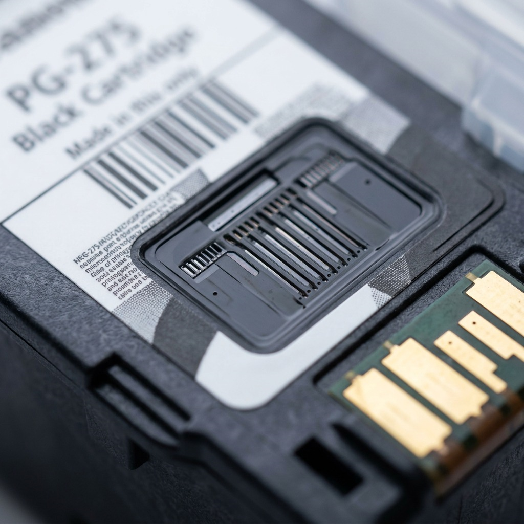 Extreme macro photo of the nozzle array and electrical connectors on a black Canon PG-275 cartridge.