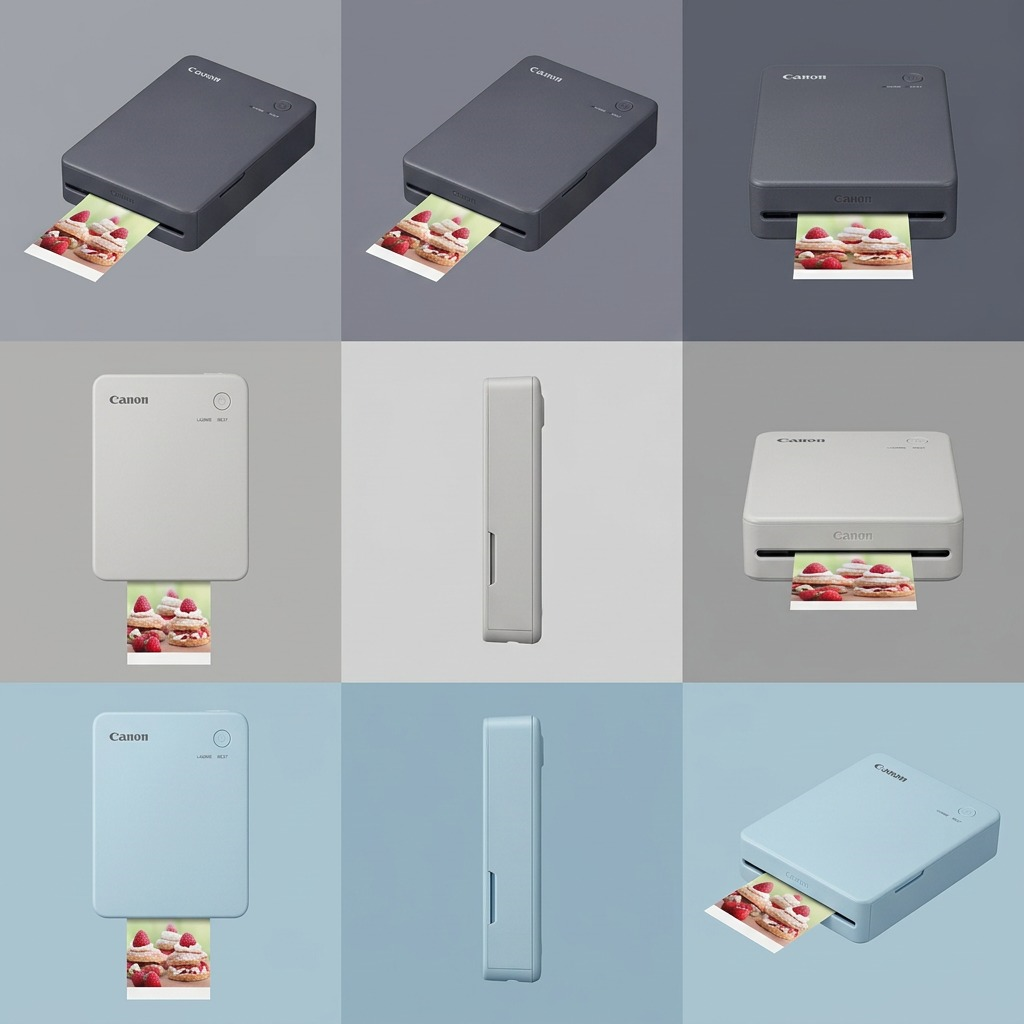 A 3x3 grid display featuring the Canon SELPHY QX20 printer. It shows dark gray, light gray, and pastel blue color variants across different rows, each depicted from distinct angles: top-down, side profile, and angled with a photo printing, maintaining product details from image_0.png.