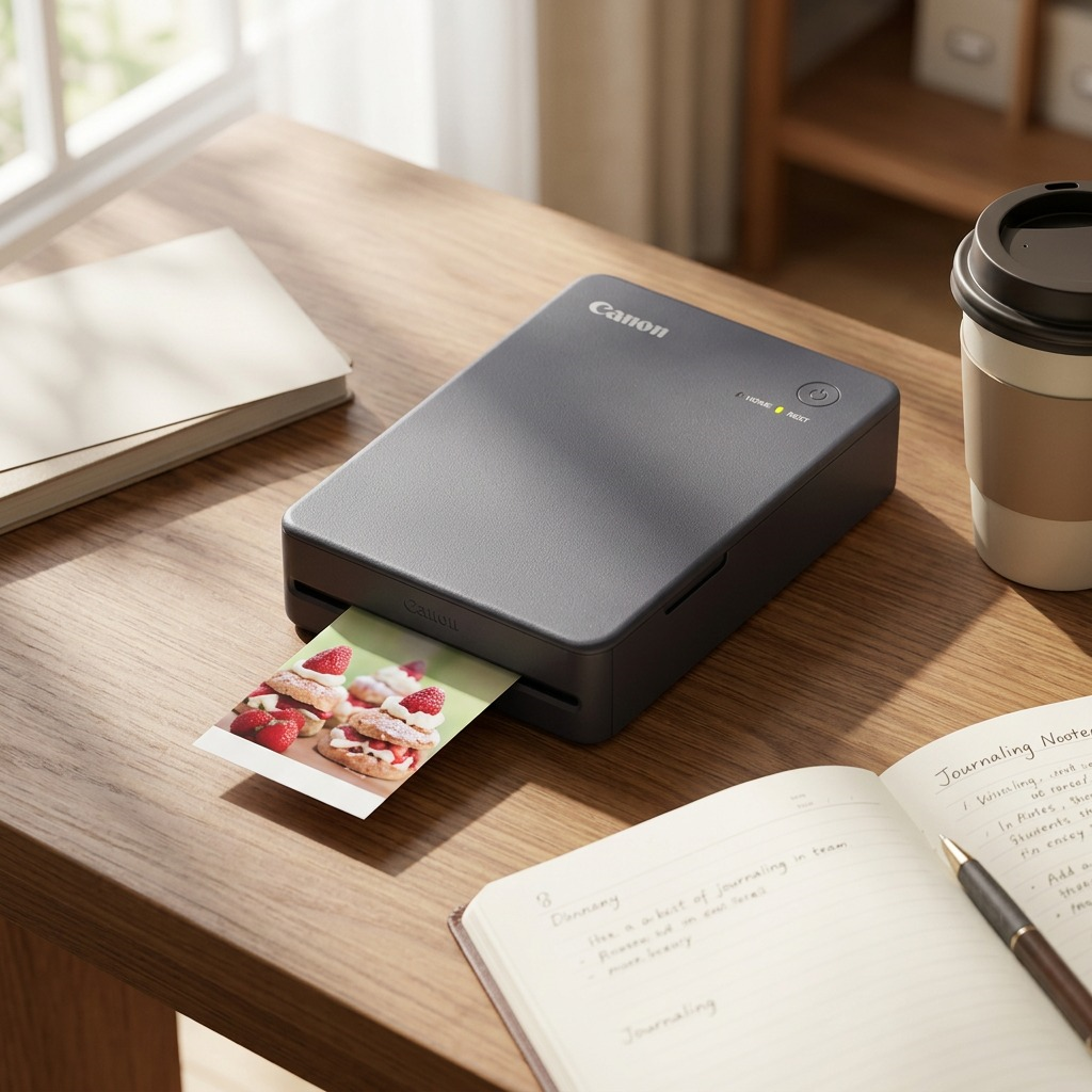 The dark gray Canon SELPHY QX20 printer actively prints a photo of a strawberry dessert on a woody desk, with a journaling notebook and coffee nearby.