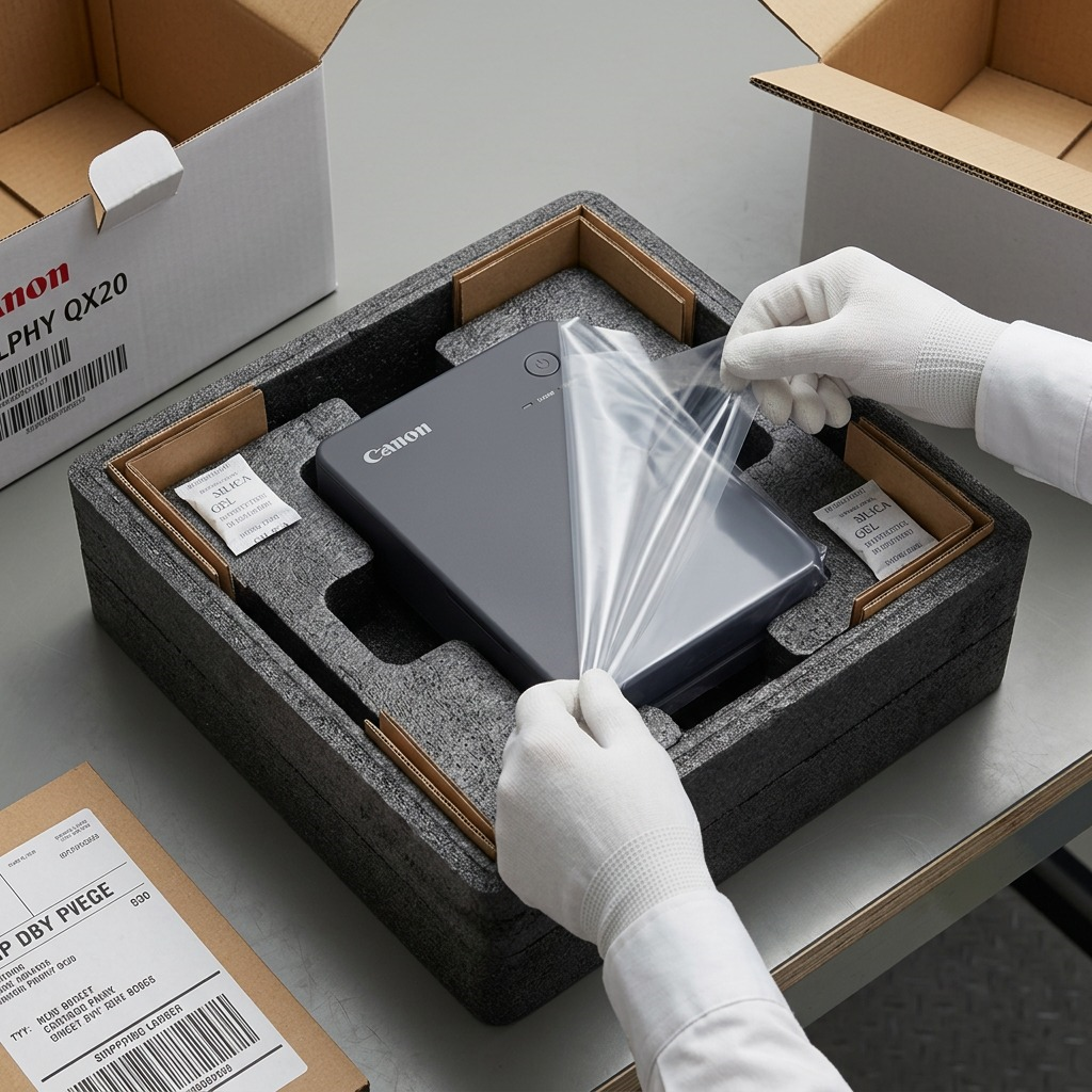 A high-angle photo of the Canon SELPHY QX20 dark gray printer securely unboxed from protective foam packaging.