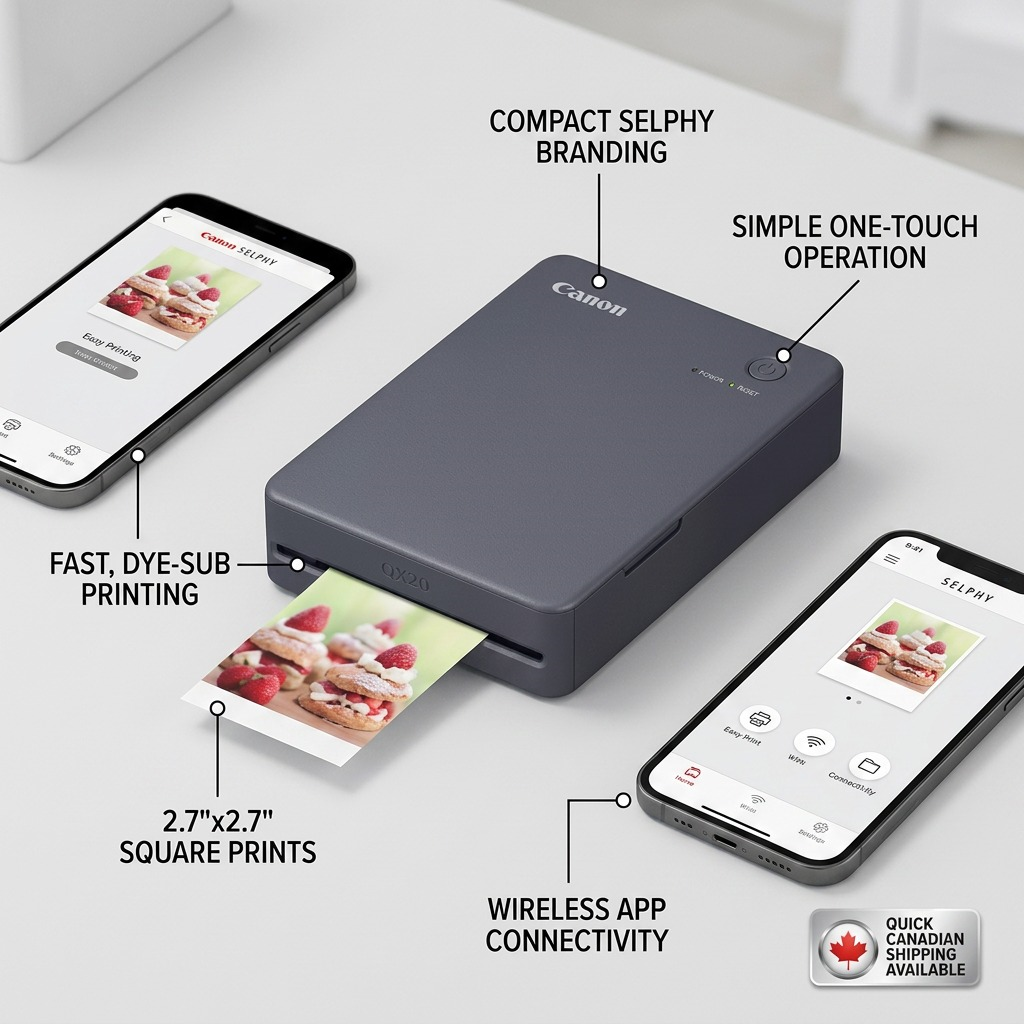 An ecommerce graphic of the dark gray Canon SELPHY QX20 showing its key operational features and benefits.