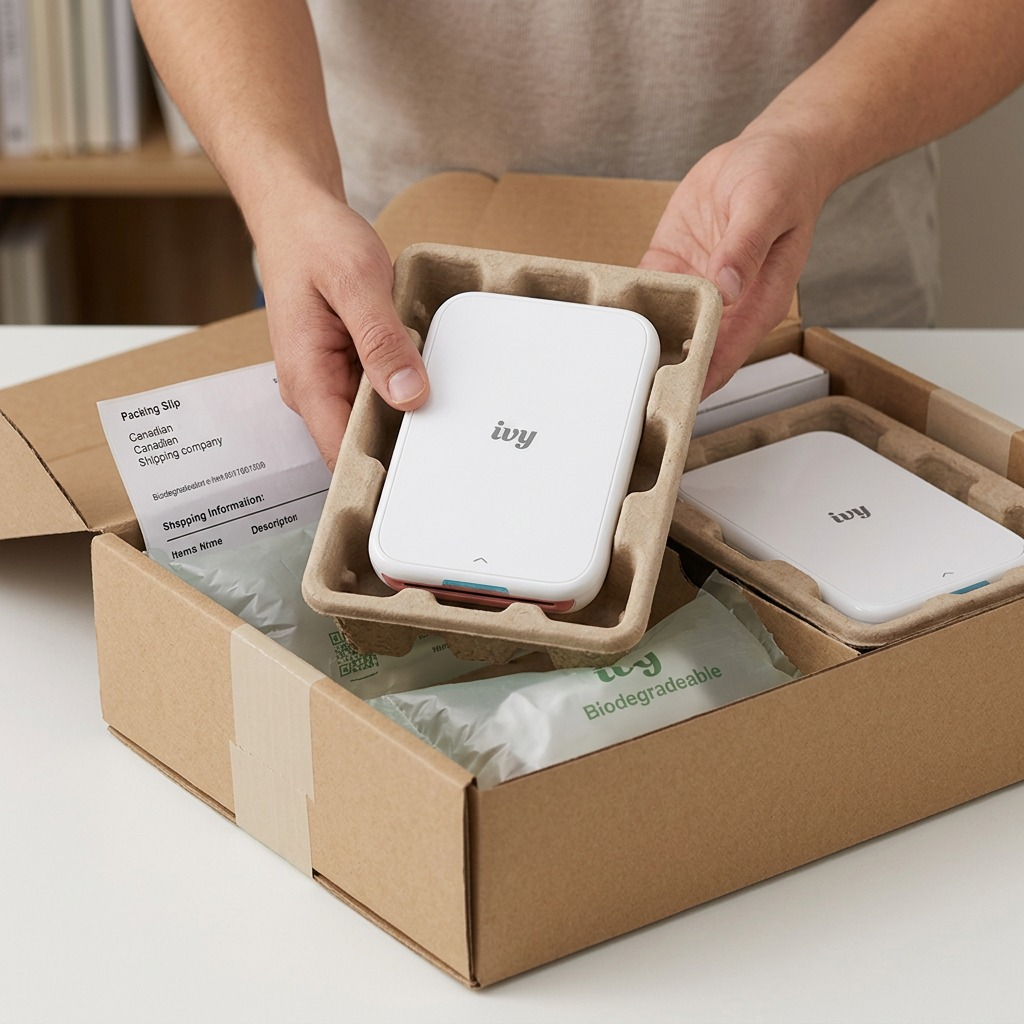 An unboxing scene shows the Canon IVY 2 printer securely nestled in custom molded pulp packaging within a shipping box.