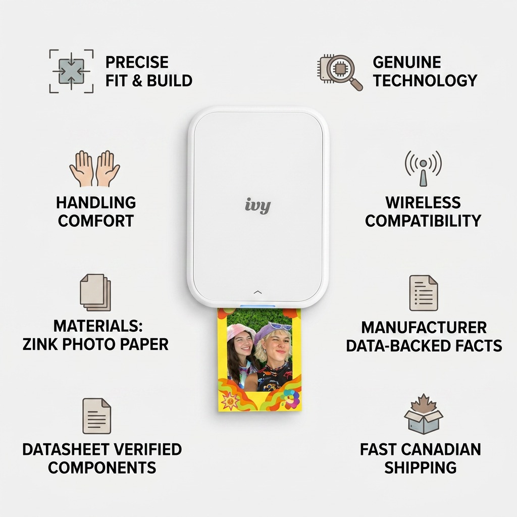Accurate infograph for Canon IVY 2 Mini Photo Printer, highlighting trusted facts and Canadian shipping.