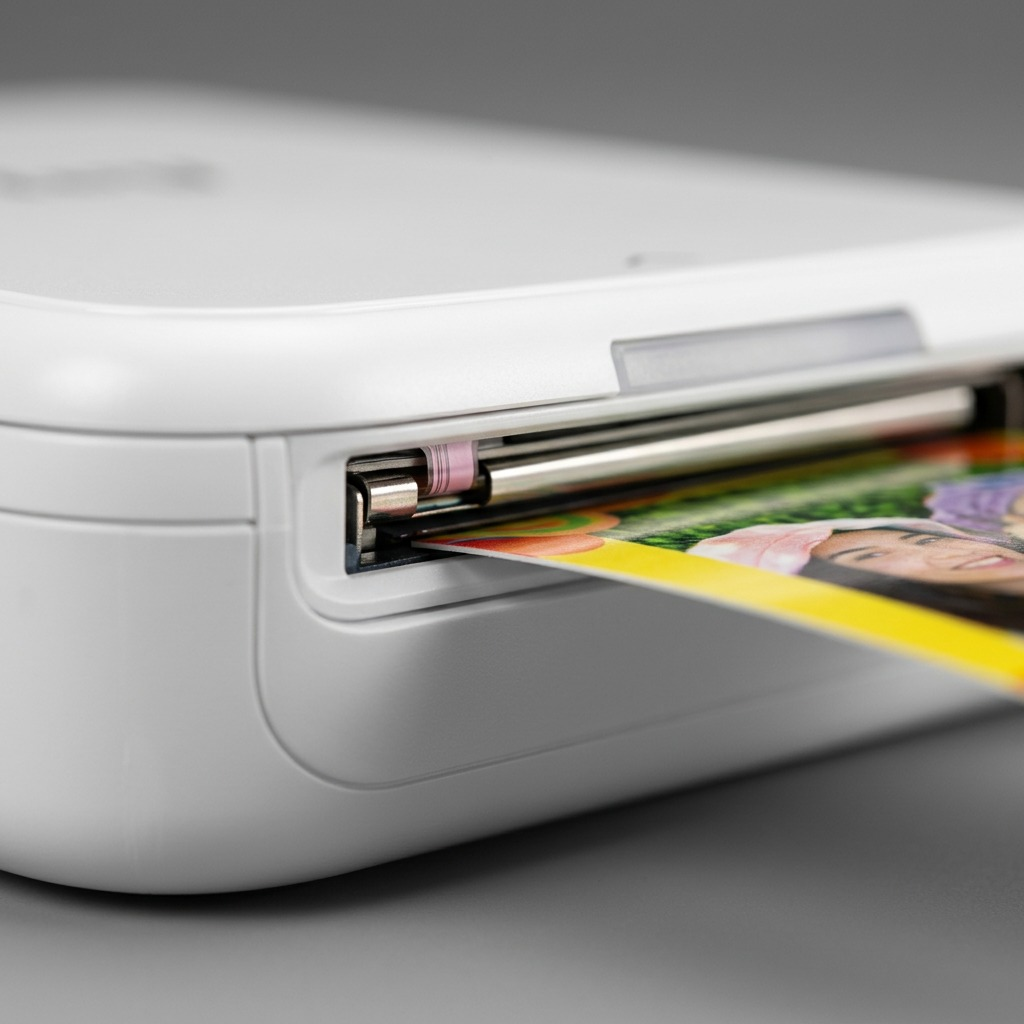 Macro detail: intricate inkless ZINK thermal print head interface on the Canon IVY 2 white printer.