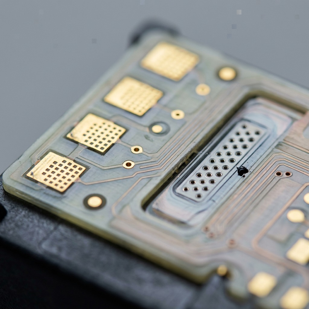 Macro close-up of a Canon Black FINE Cartridge electrical connector part, showing nozzle and contact points.