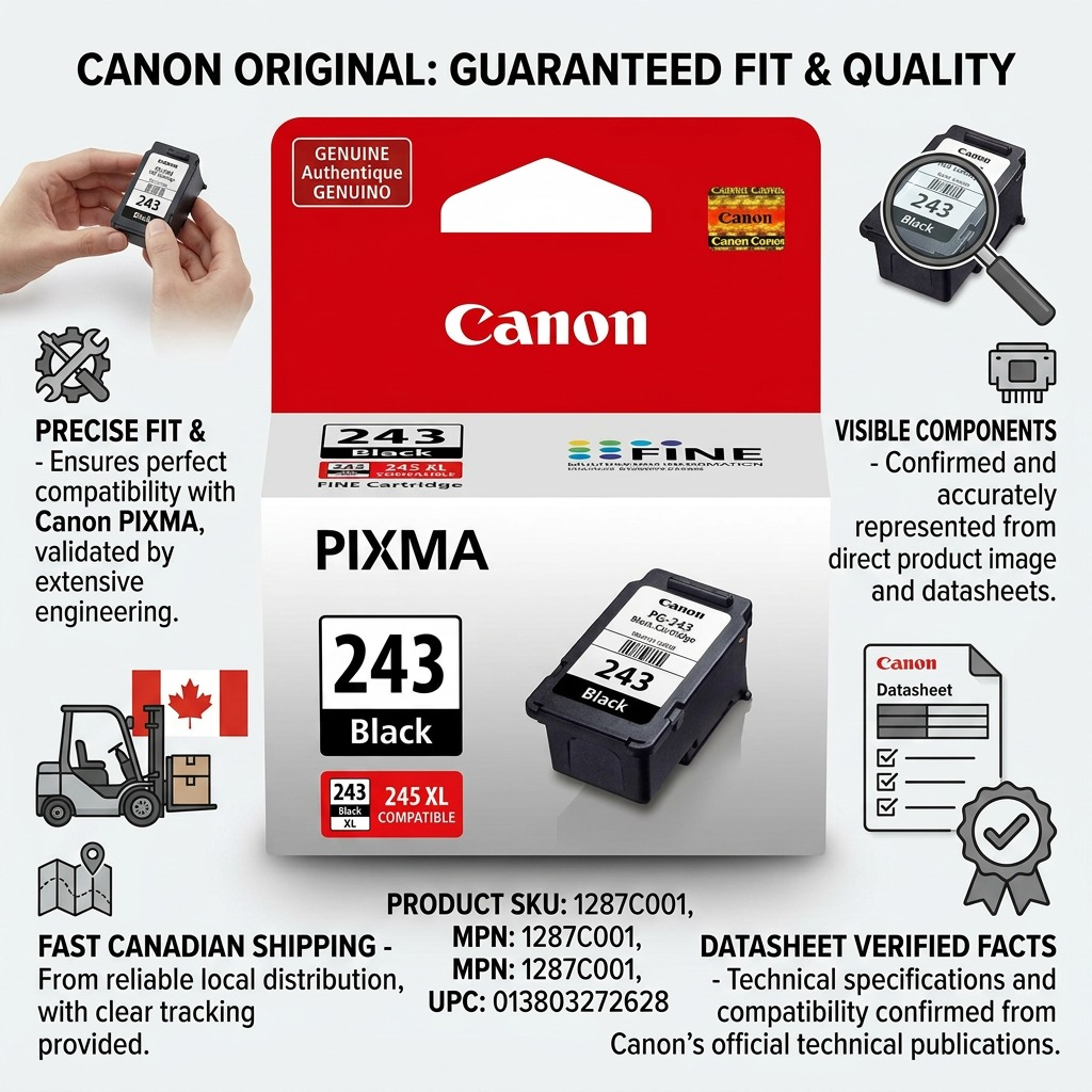 Infographic for Canon 243 ink detailing fit, build quality, and fast shipping.