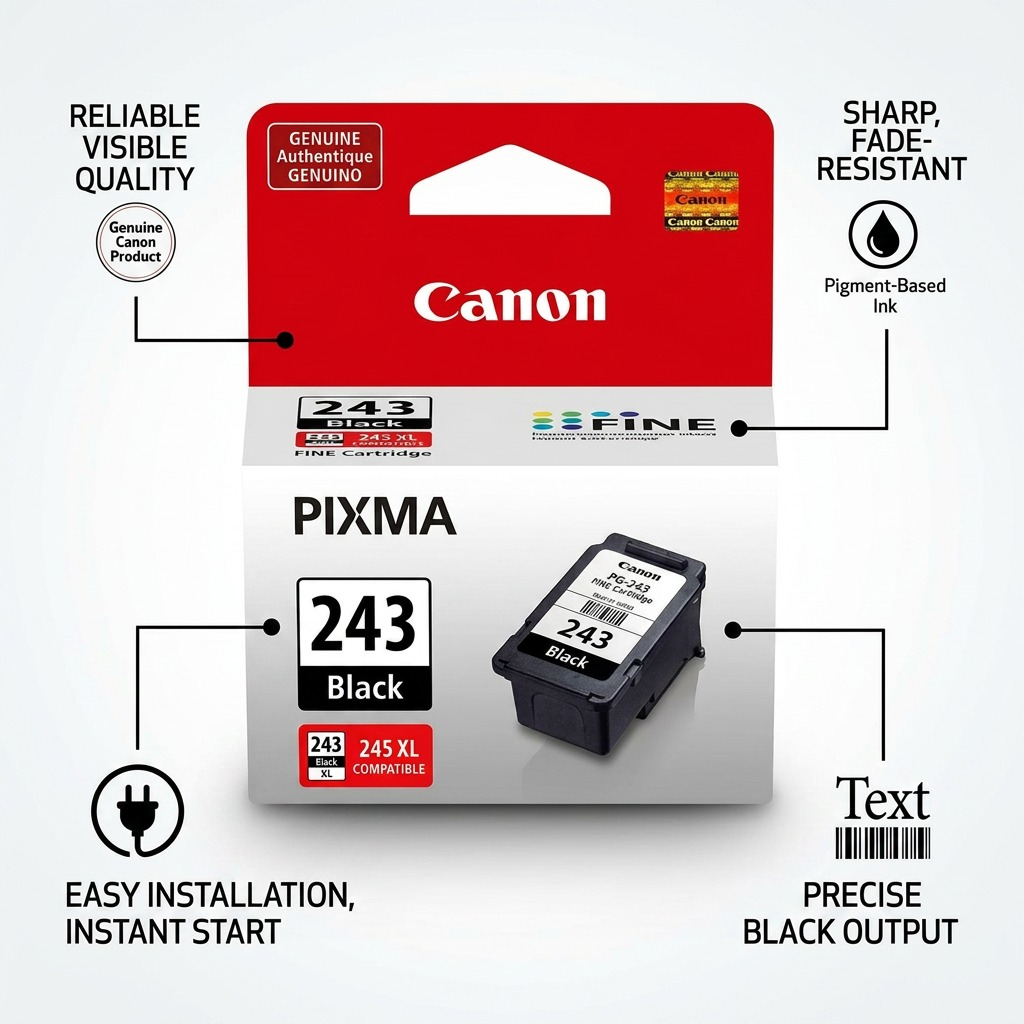 Feature infographic for Canon PG-243 black ink showing key benefits with concise text and icons.