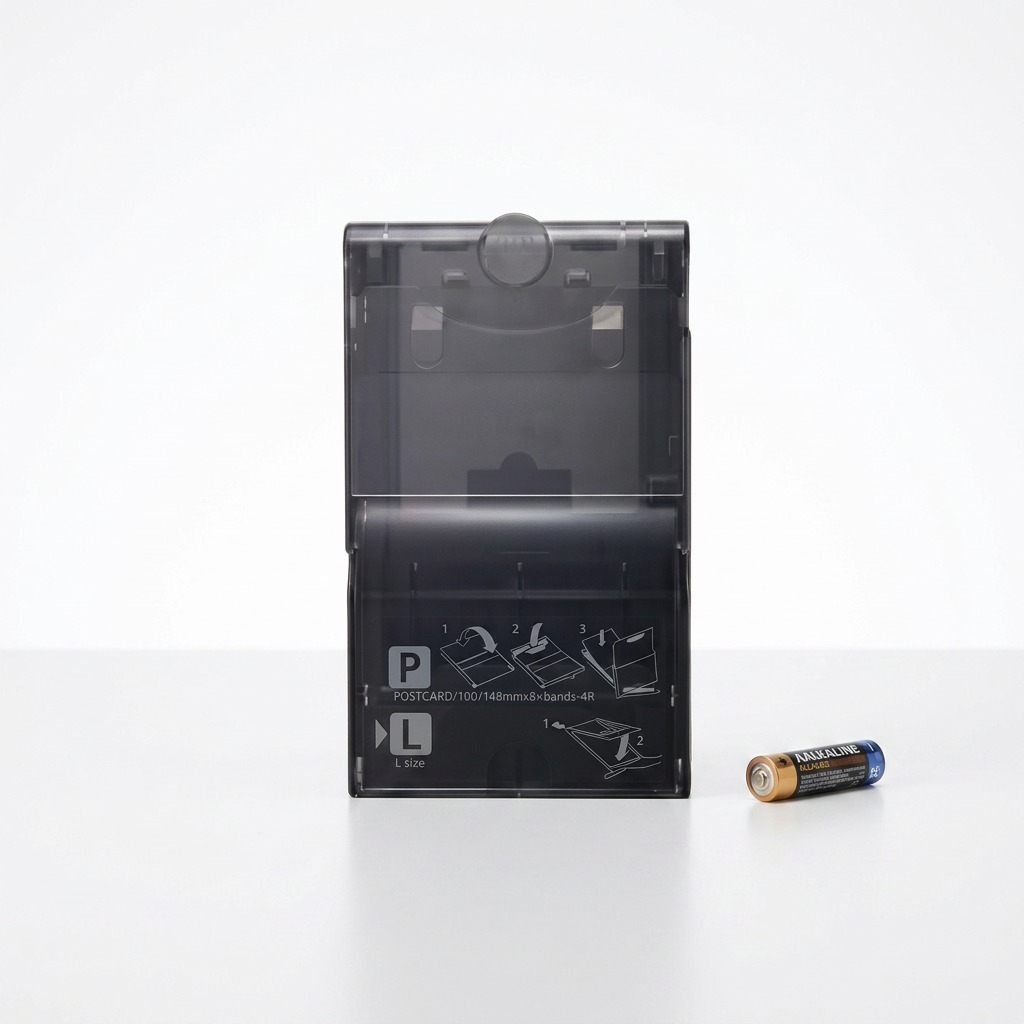A photo of the Canon PCPL-CP400 paper cassette next to a standard AA battery.