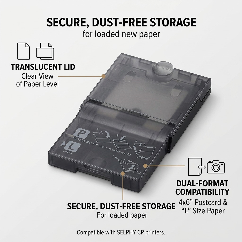 A detailed visual matrix showing features of the Canon paper cassette PCPL-CP400, including pointers to the clear lid, dual-format storage, and printer compatibility. It provides essential info for customers to understand product capabilities.
