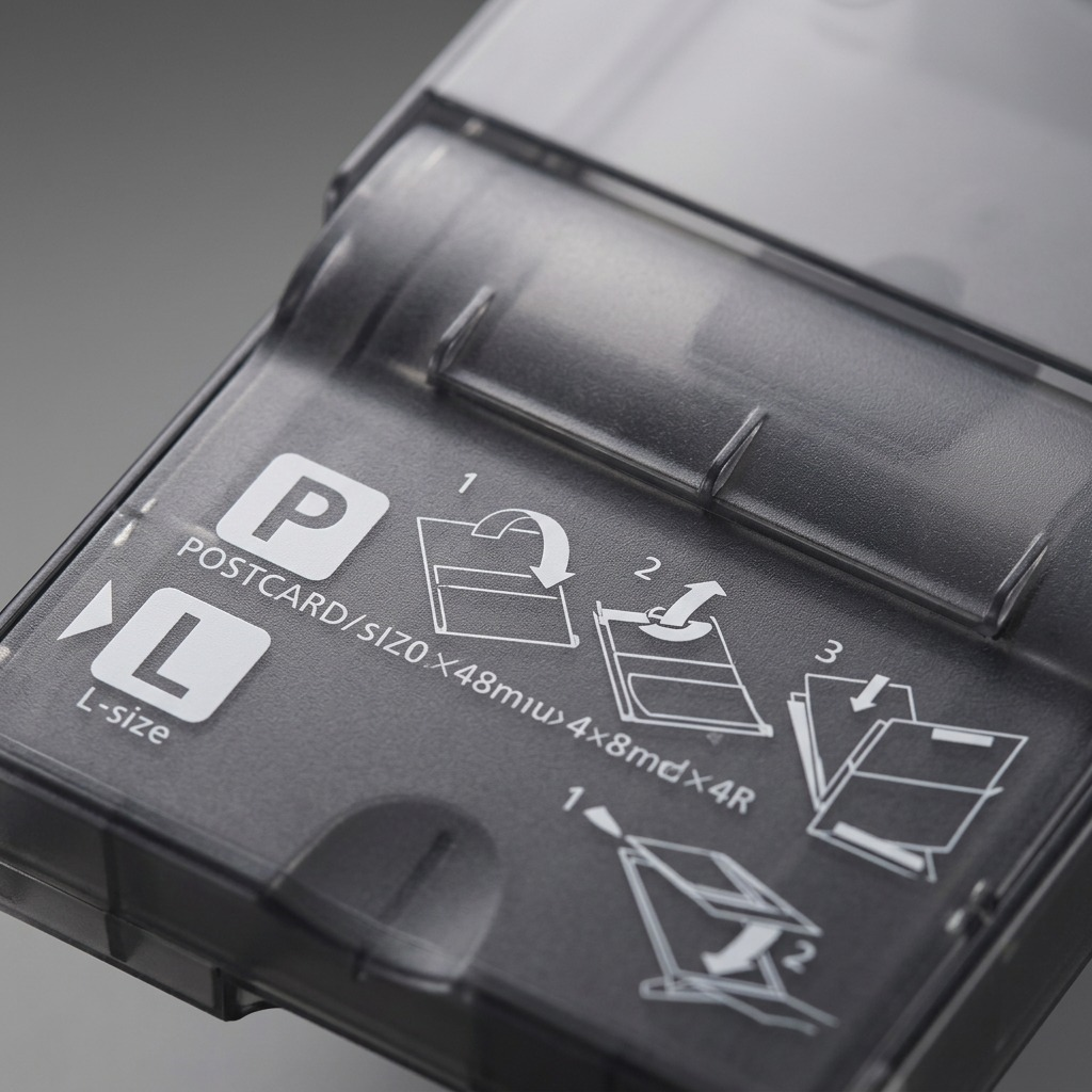 A micro close-up of the paper cassette's user interface, highlighting specific instructional guides.