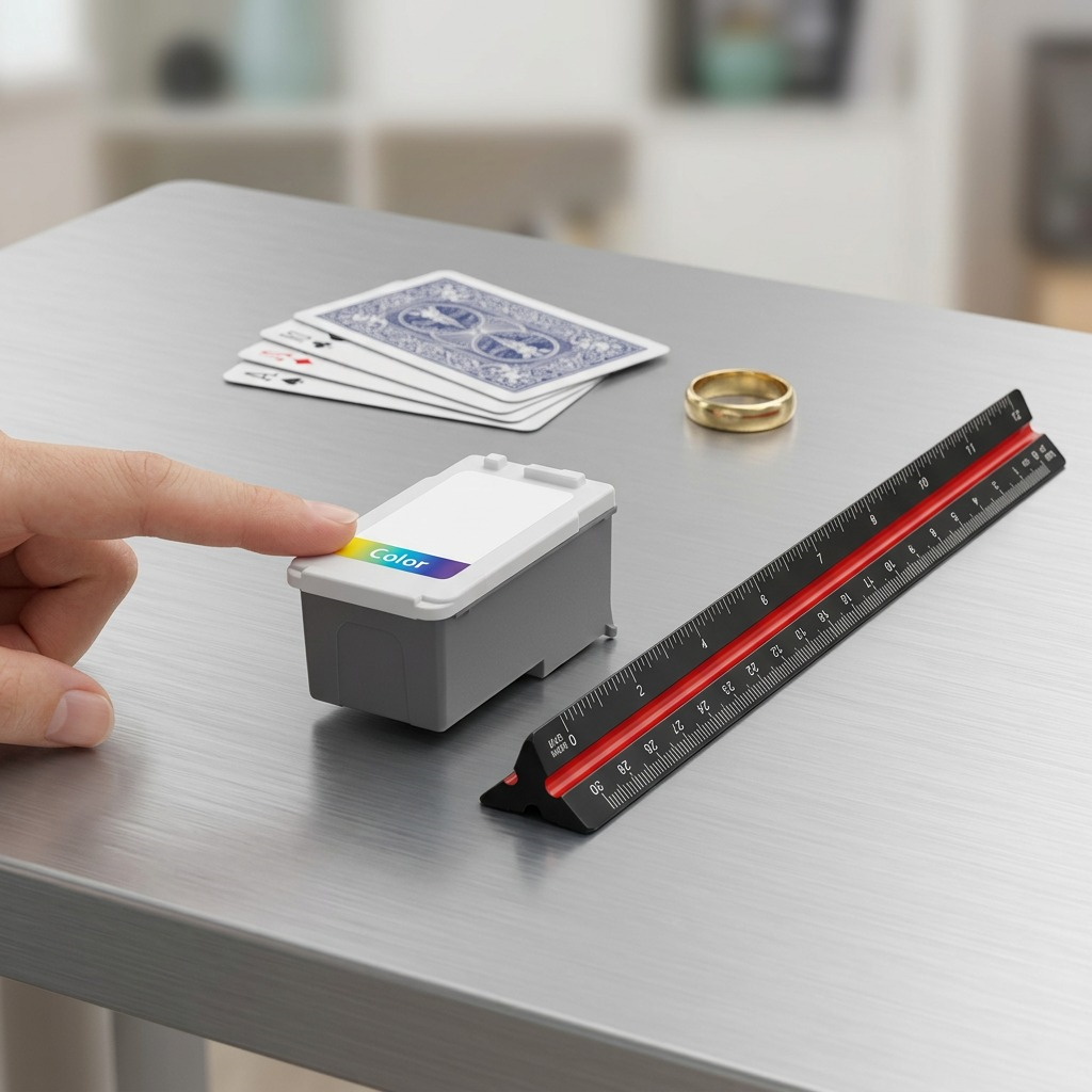 Comparative side-by-side scale reference image showing the physical Canon CL-276XL ink cartridge on a desk next to a standard white poker card.