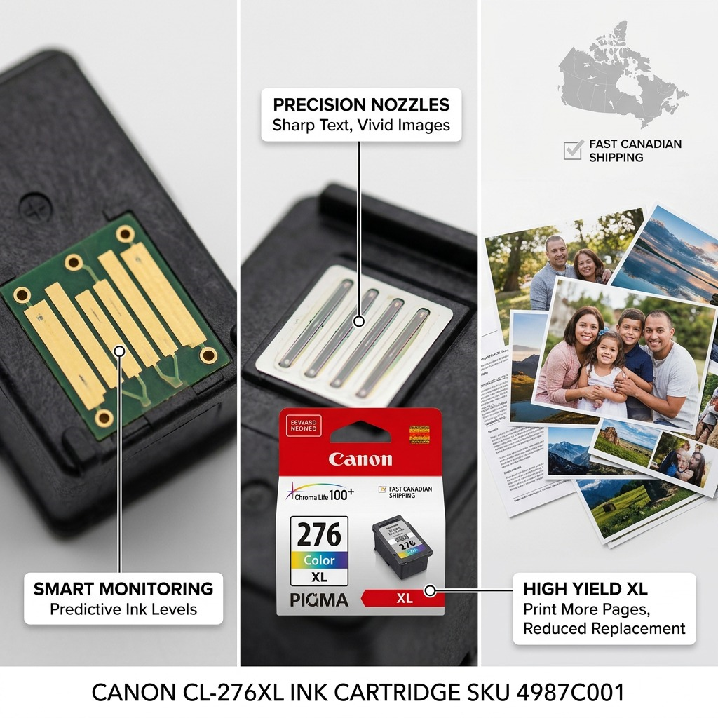 A focused visual matrix image highlighting key operational features and benefits of the Canon CL-276XL ink cartridge, with pointers showing XL capacity and detailed color production.
