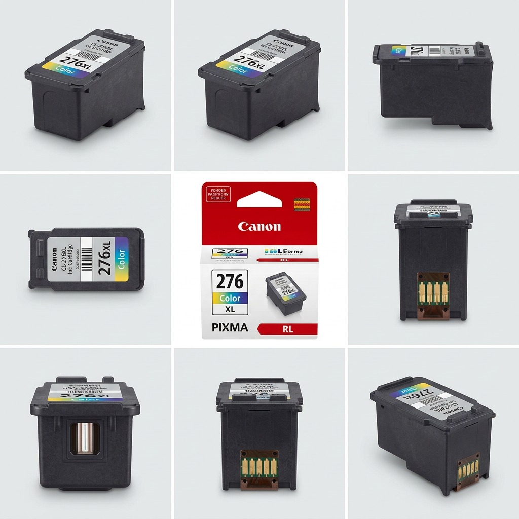 A 3x3 e-commerce grid showing the Canon CL-276XL ink cartridge and its packaging from diverse angles, including front, side, back, top, and print head views, without text overlays.
