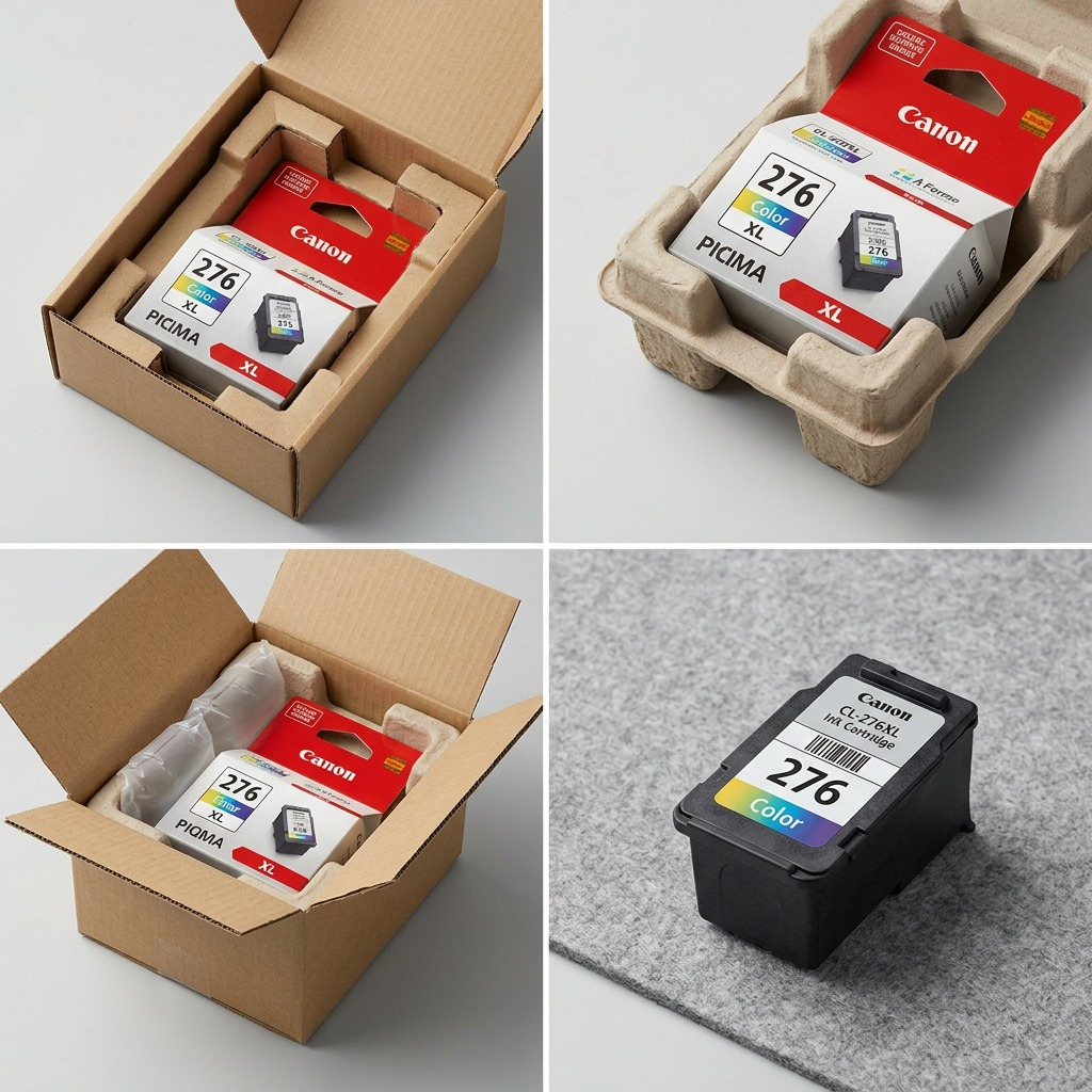 A premium, multi-panel visual matrix showing the protected unboxing and secure presentation of the Canon CL-276XL ink.