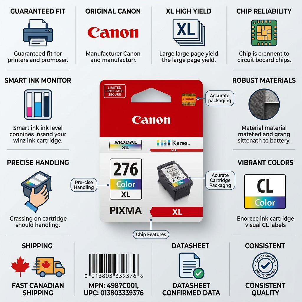 Infographic for Canon CL-276XL Ink: Factual cues, quality icons, and fast Canadian shipping.