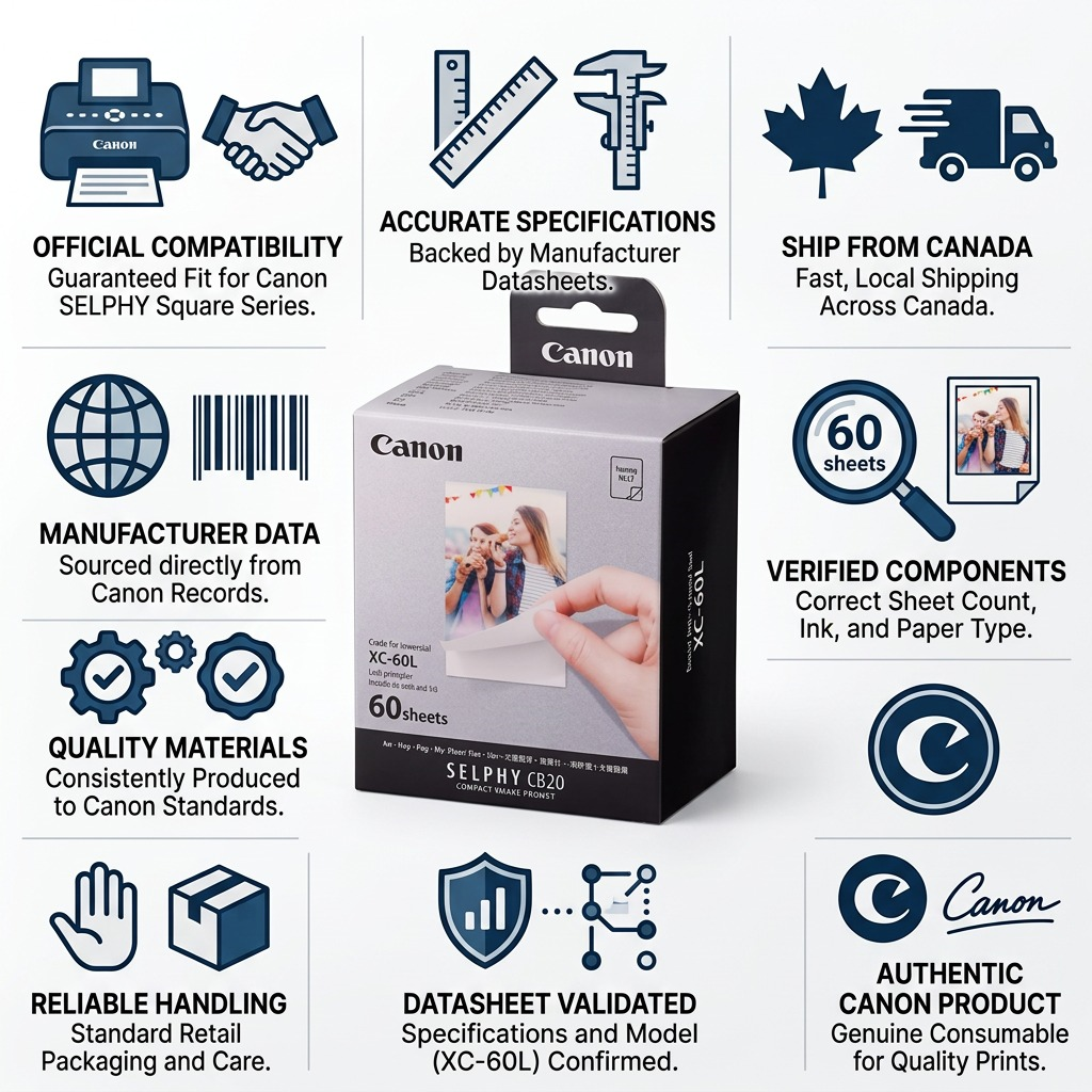 A trust infographic displaying the Canon XC-60L Ink/Paper set with icons highlighting compatibility and quality standards.