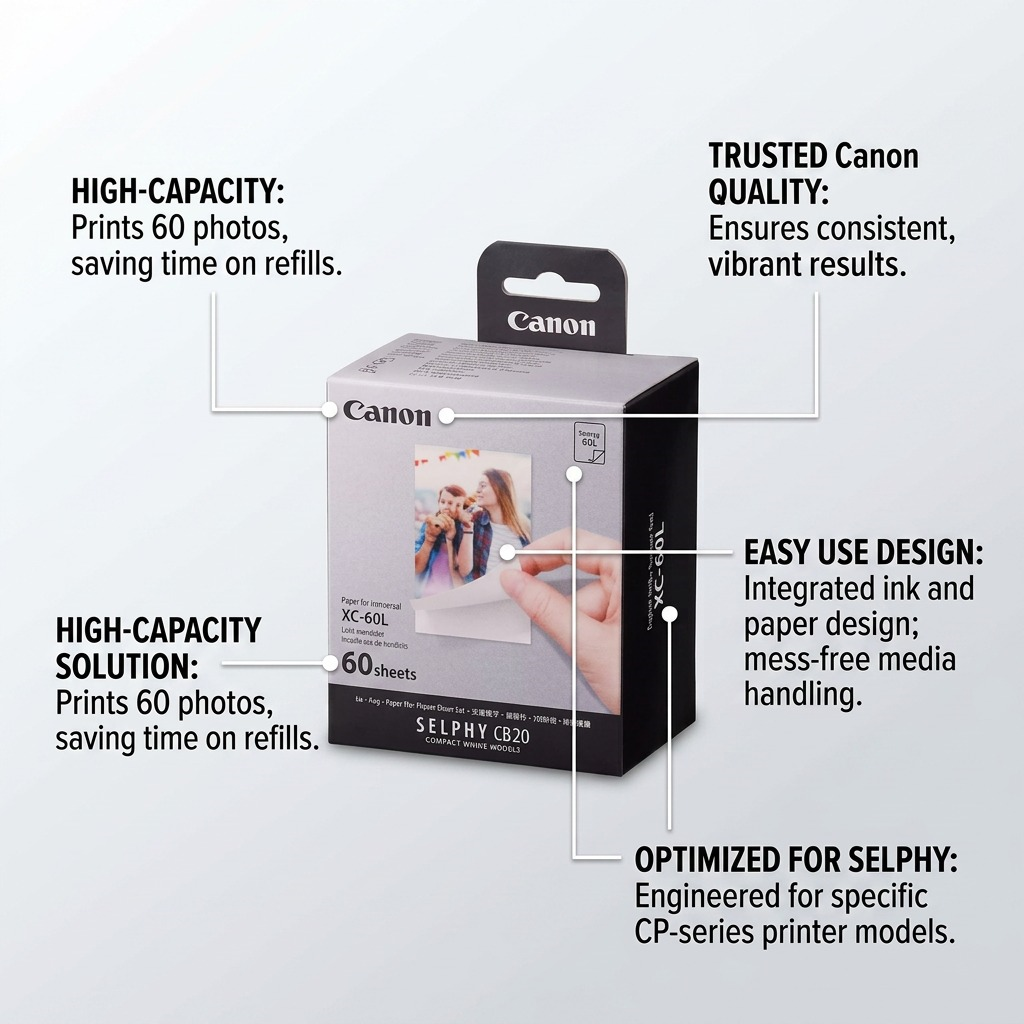 Canon XC-60L Ink/Paper Set info graphic highlighting 60-print capacity, Canon quality, and easy use design.