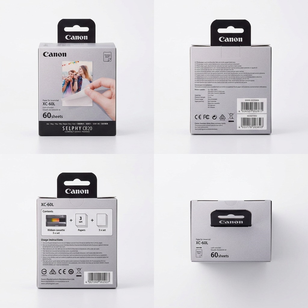A 2x2 grid displaying four different views of the Canon XC-60L Ink/Paper Bulk Set packaging for SELPHY Square printers. Each cell shows a single box from a different perspective: a front view, a side view showing the "XS-20L" label, a rear view with product details, and a top-down view including the hang tab. The boxes retain all authentic Canon branding and product imagery for the 60 squared paper sheets. The lighting is diffused and even, set on a plain white, premium e-commerce grid.