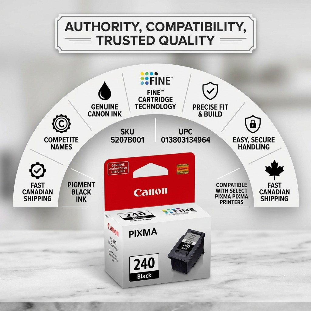 Infographic for Canon PG-240 black ink with trust facts and fast Canadian shipping info.