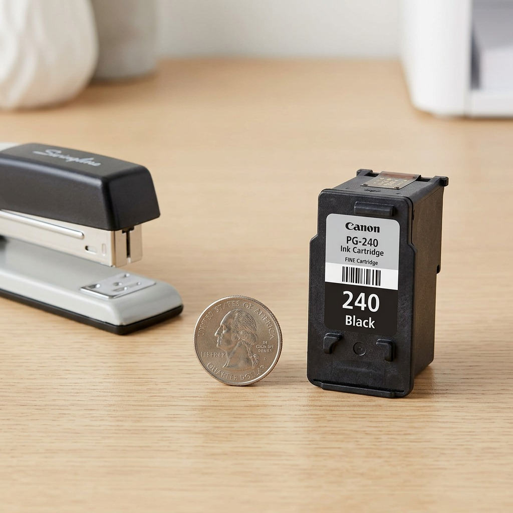 A real-world scale reference shot showing a standard black Canon PG-240 ink cartridge sitting on a wooden desk next to a US quarter coin and an open stapler for immediate size comparison. The lighting is soft and natural.