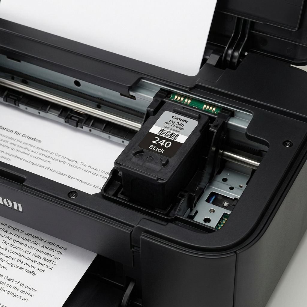 A life-size view of a Canon PG-240 black ink cartridge, accurately placed inside a Canon PIXMA inkjet printer, showing correct fit and installation.