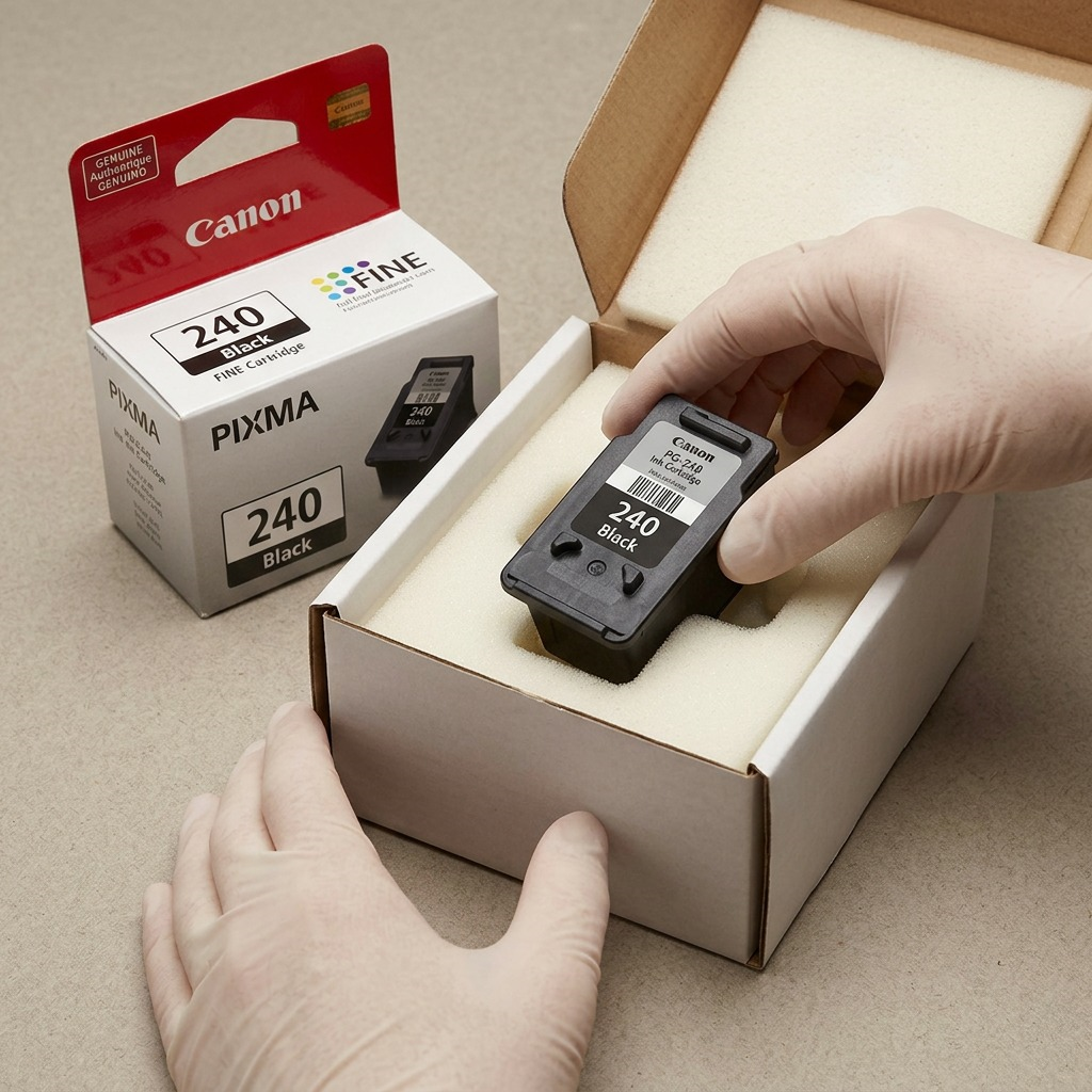Unpacking a Canon PG-240 black ink cartridge, nested within protective, molded foam inside a clean, sturdy box, demonstrating secure and safe shipping.